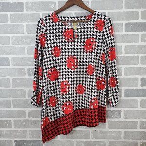 Ann Klein Womens M Black White Red Houndstooth Floral Asymmetrical Hem Top‎